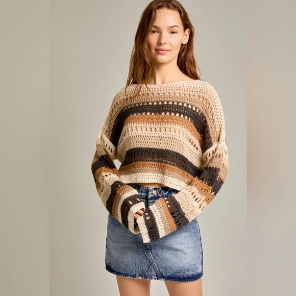 Multicolor Striped Crochet Knit Sweater Top - Picture 3 of 6